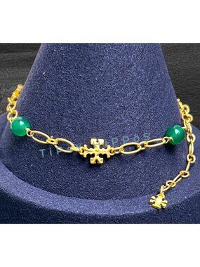 Tory Burch Roxanne Delicate Emerald Pearl and Gold Chainlink Bracelet